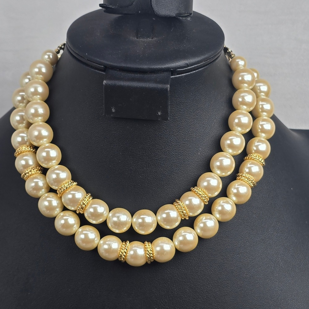 Carolee Vintage Double Strand Faux Pearl Adjustable Necklace Gold Tone Spacers